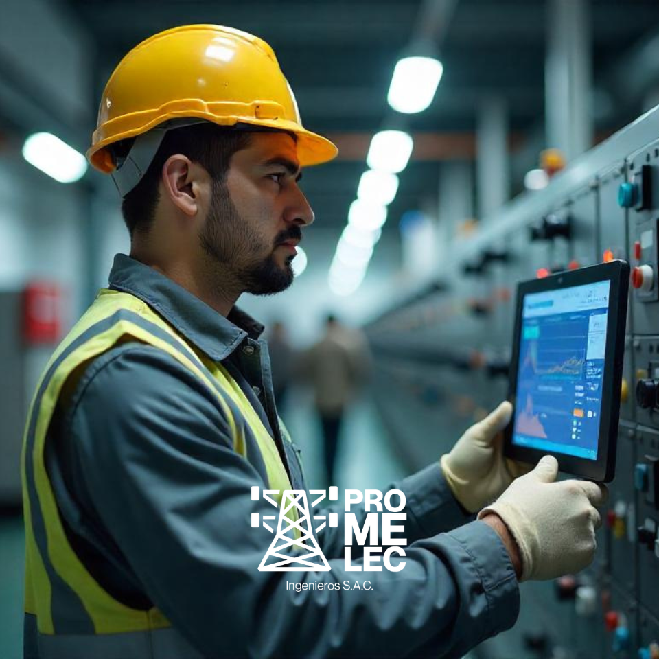 Técnico latino operando sistema de automatización industrial con tablet frente a tablero eléctrico con indicadores y botones