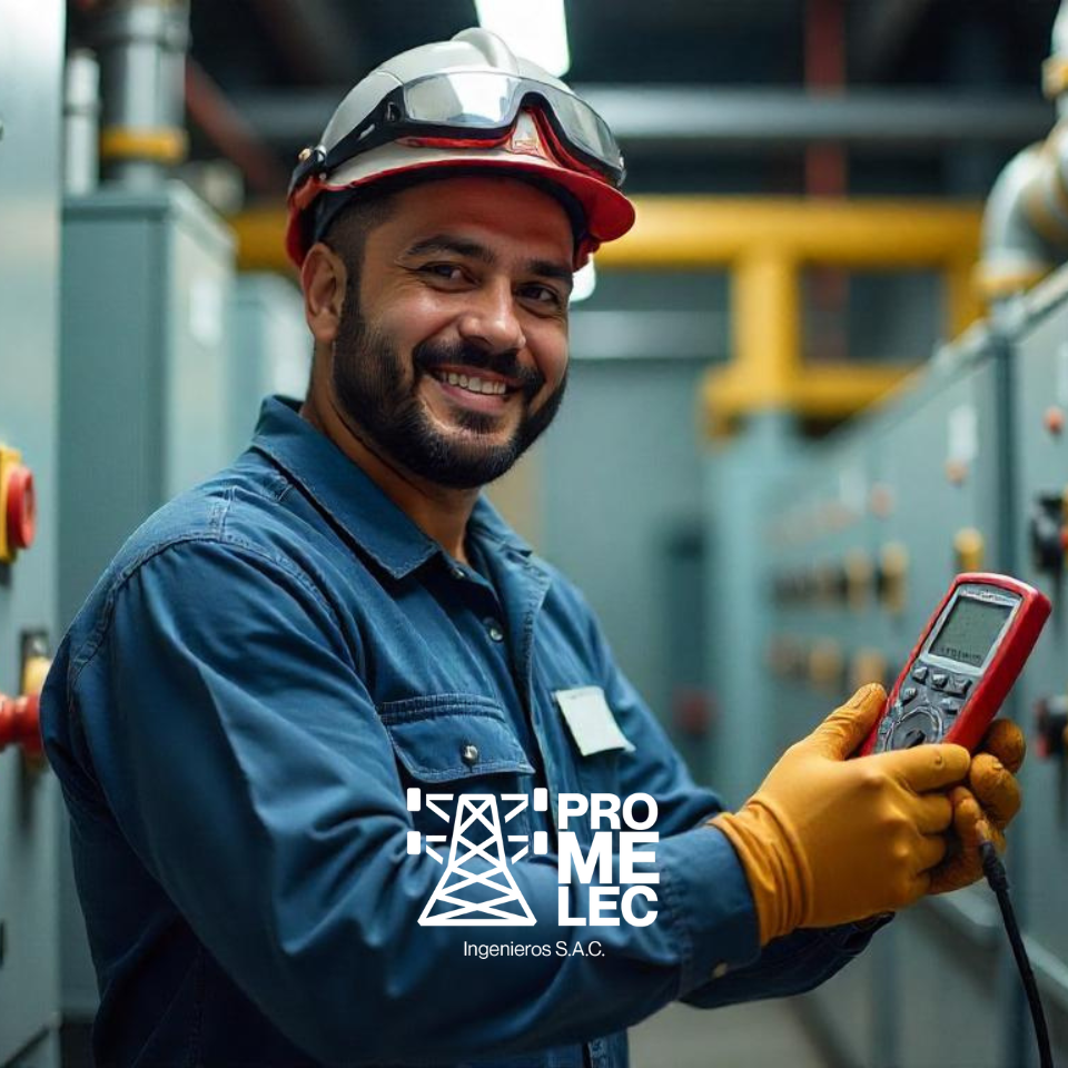 Técnico latino en mantenimiento industrial sonriendo mientras utiliza un multímetro en tablero eléctrico de planta.