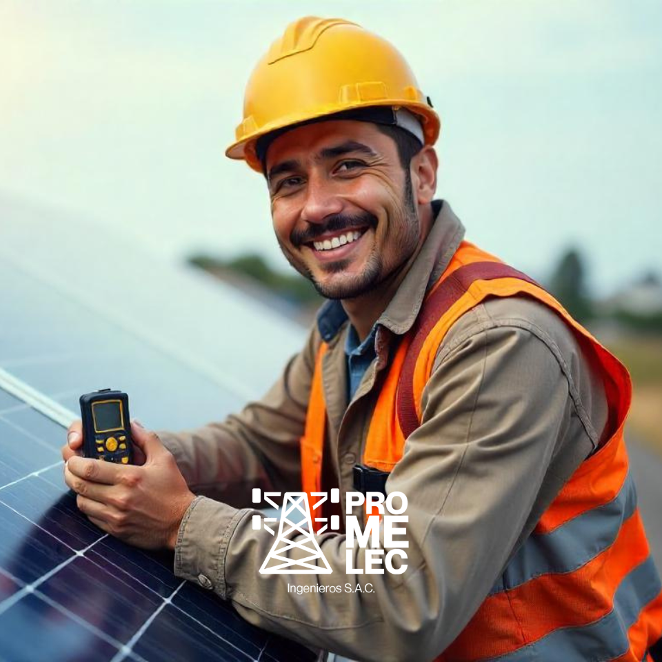 Técnico latino instalando sistema de paneles solares con casco de seguridad, sonriente y equipado con medidor de radiación solar
