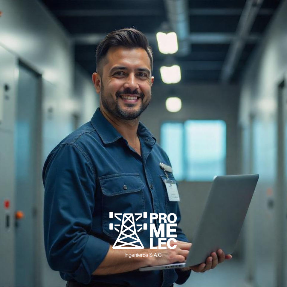 Especialista en seguridad electrónica monitoreando sistemas digitales desde laptop en sala de control industrial.